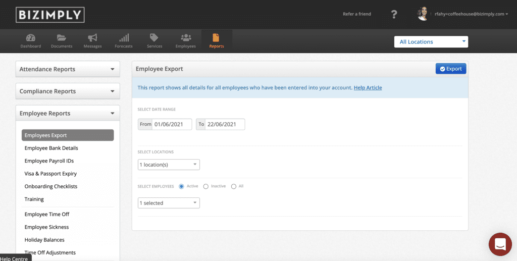 Bizimply Employee Export Report