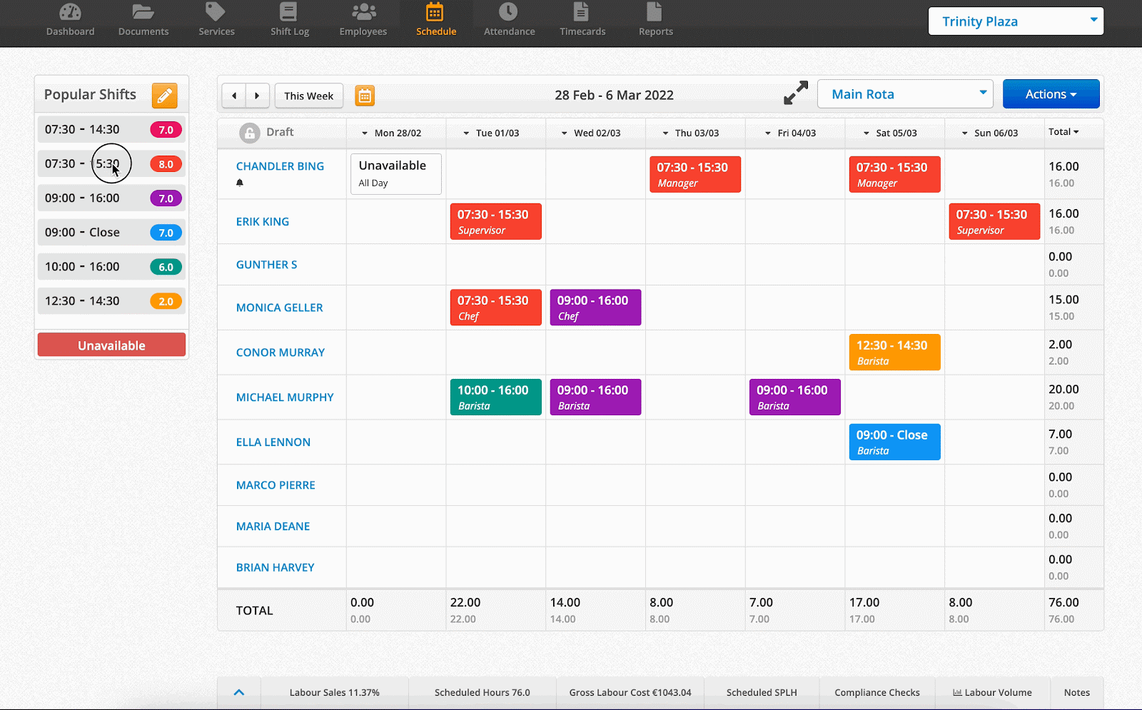 Gif showing how to populate shifts on Bizimply