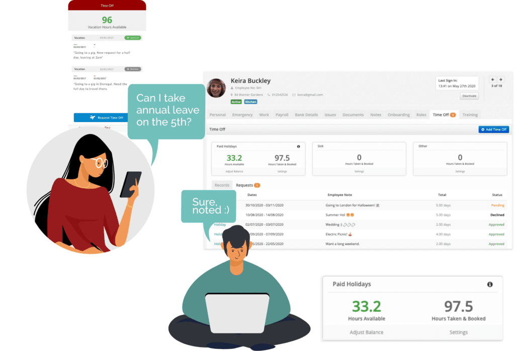 Employee requesting time off using MyZimply App and employer being able to see on desktop. Holiday Request made easy.
